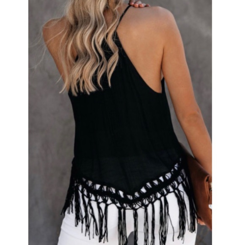 Black Tank With Fringed Hem - Picture 2 of 5